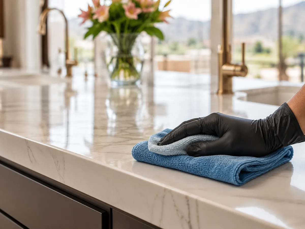 A gloved hand detailing a marble counter