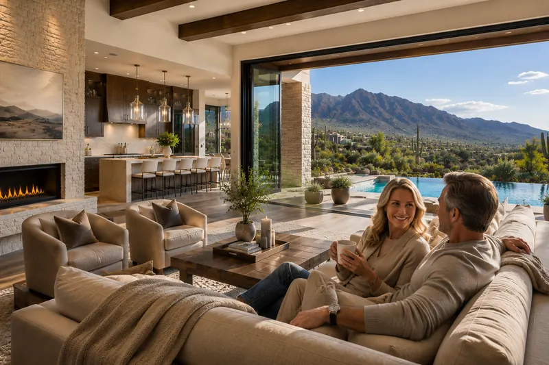 A couple relaxing with coffee in the great room of a Paradise Valley estate, mountains and pool beyond the open doors
