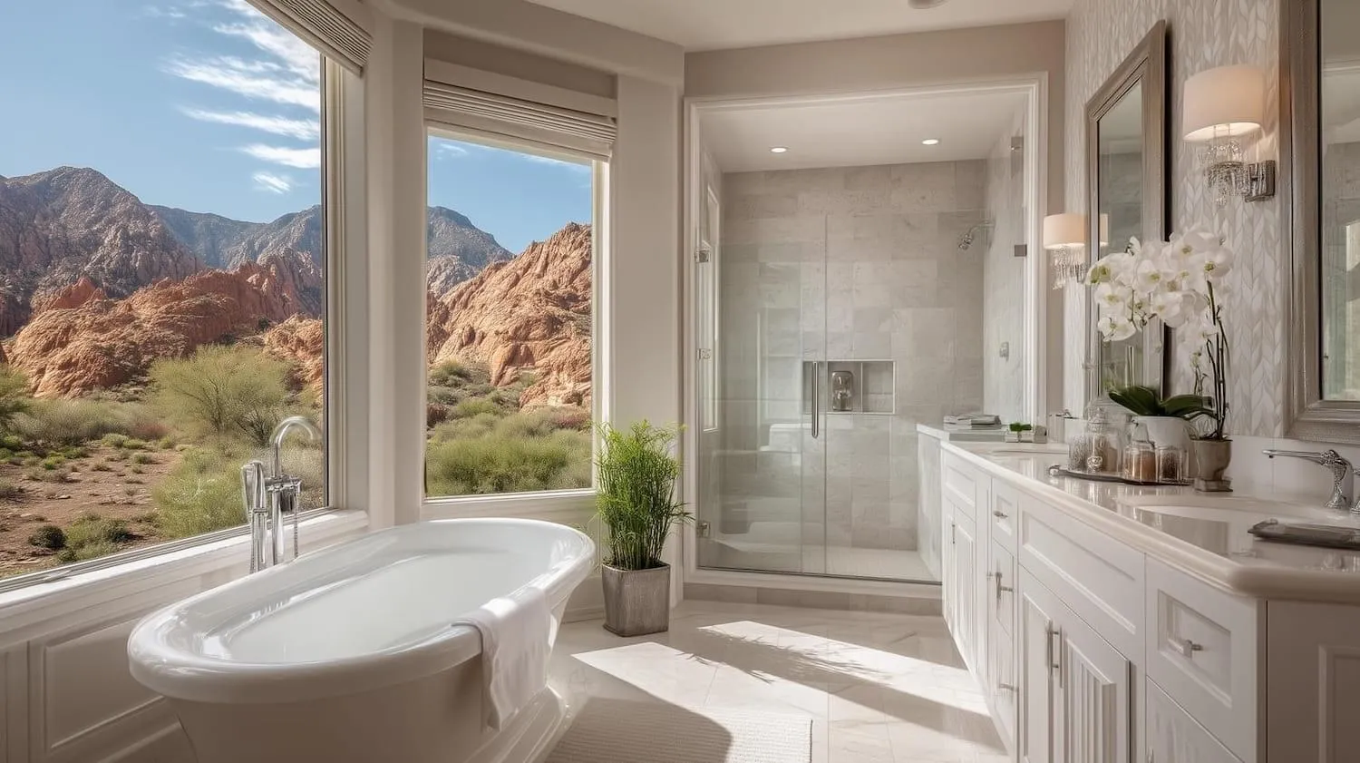 A primary bathroom with a soaking tub and desert view