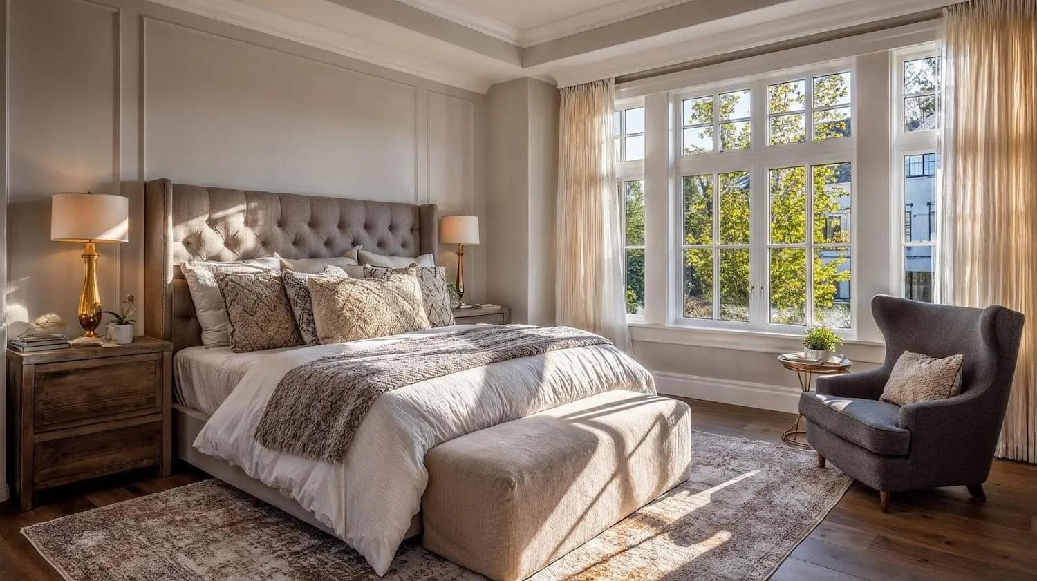 A primary bedroom with a tufted headboard and morning light