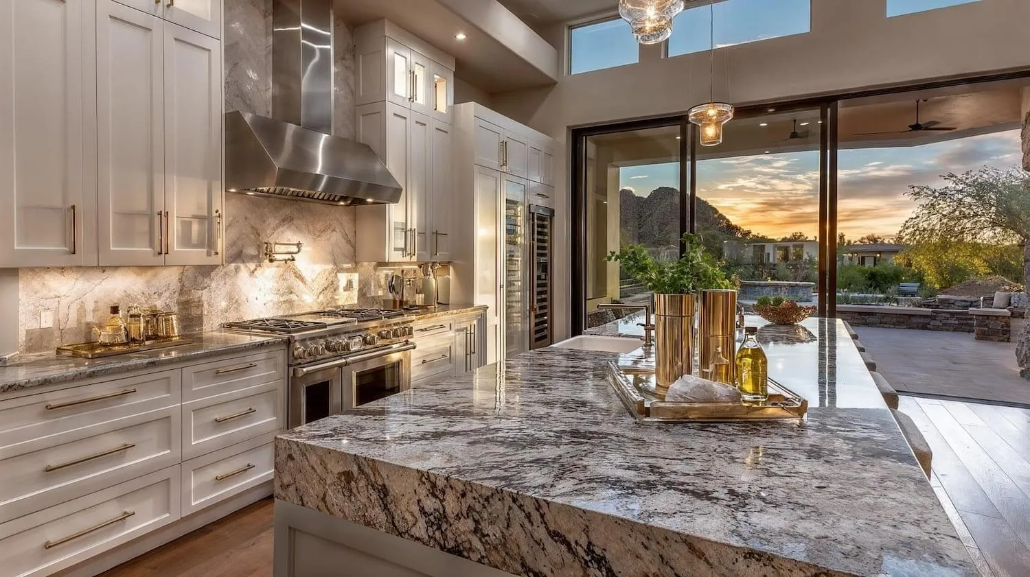 An estate kitchen with a granite island and mountain view