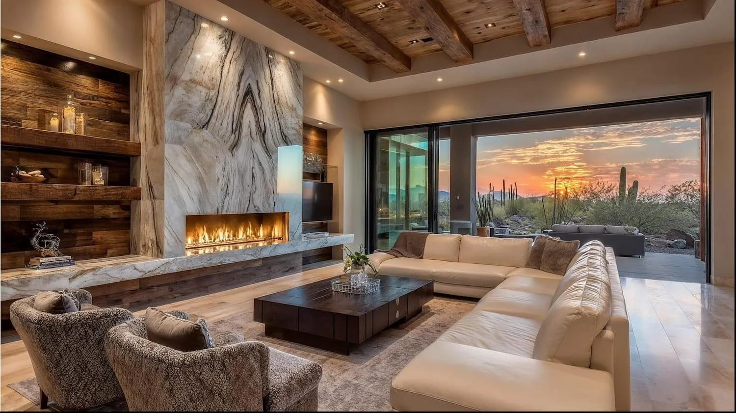 A great room opening onto the desert at sunset